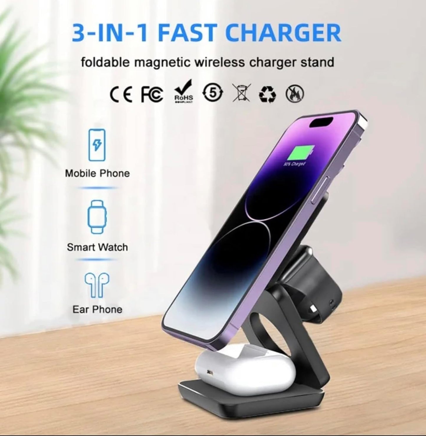 3 in 1 Foldable Magnetic Portable Wireless Charger