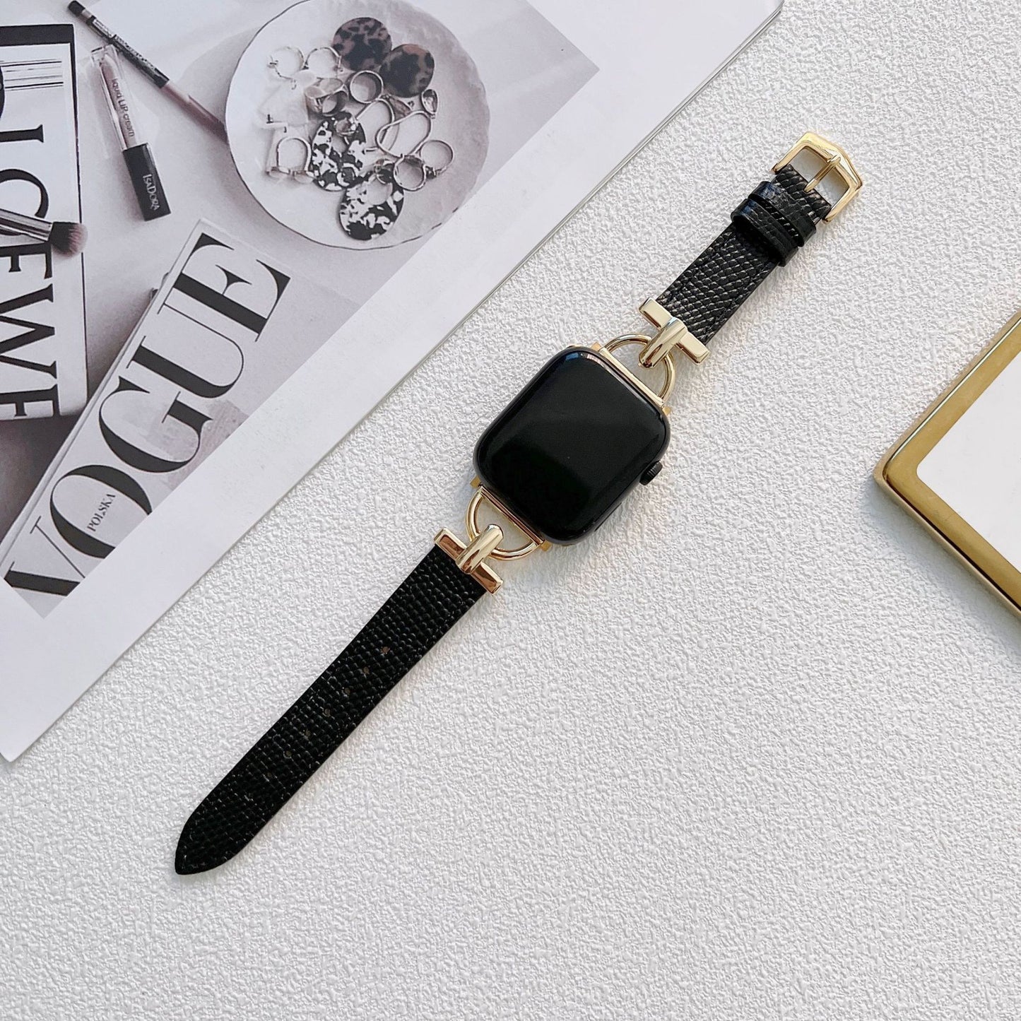 D-shaped Steel Leather Apple Watch Strap