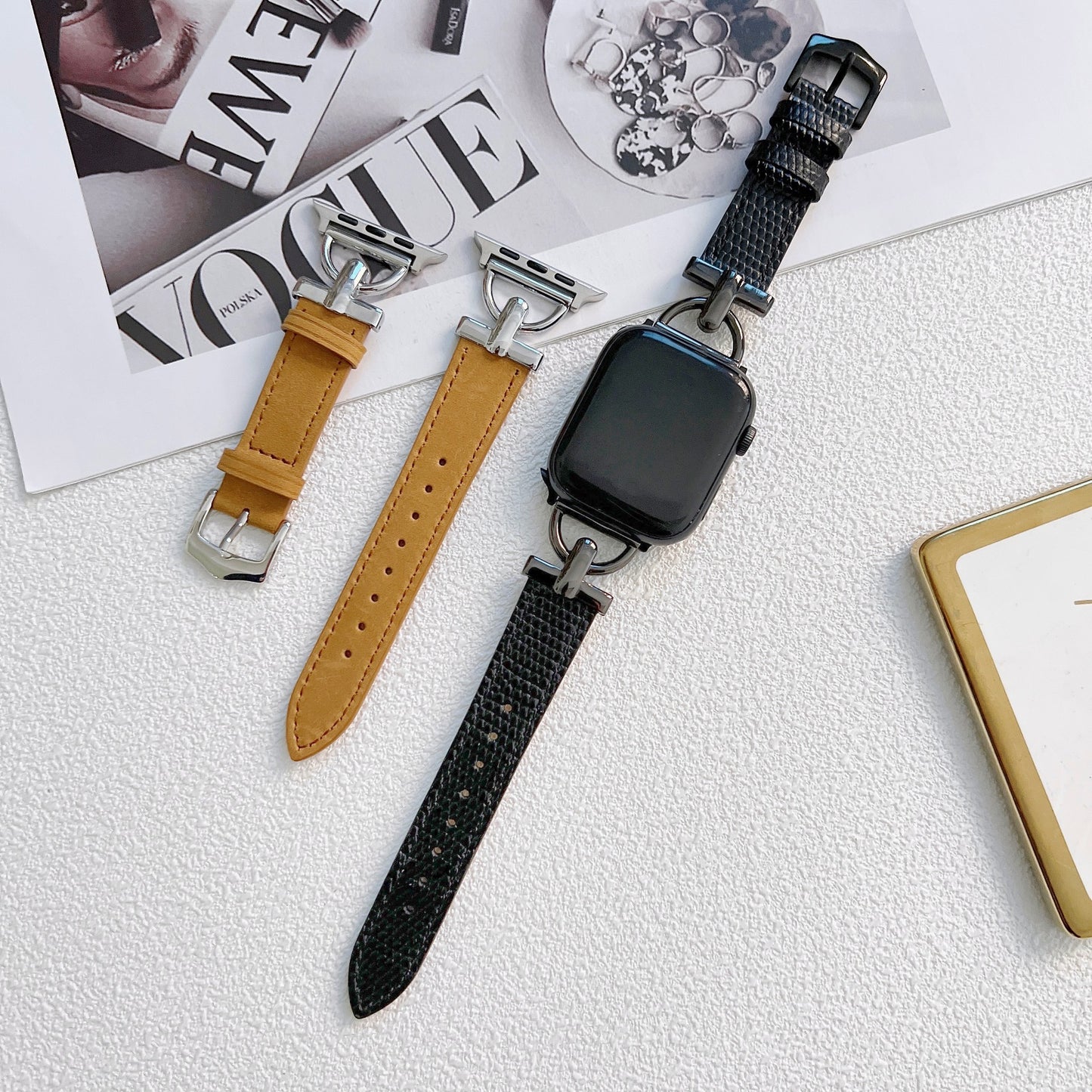 D-shaped Steel Leather Apple Watch Strap
